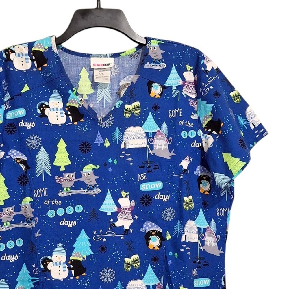 Scrubstar Scrub Top L Blue Cotton V-Neck Winter Penguin Polar Bear Holiday Nurse